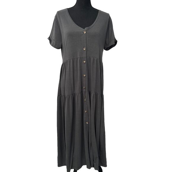 Anna Kaci Large V neck Short Sleeve Flowy Swing Cocktail Work Maxi Dress Gray - Picture 1 of 8